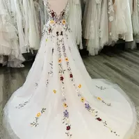 Beautiful Colorful Flower Wedding Dress Boho Fairy tale A Line 3D Florals Rustic Country Bridal Gowns Tulle Whimsical Bride - Thumbnail 1