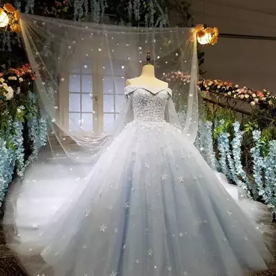 Custom made cinderella ball gown wedding dresses light sky blue 3d applique princess bridal gowns with long wraps sweet wedding wear - Thumbnail 1