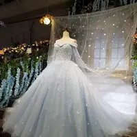 Custom made Cinderella Ball Gown Wedding Dresses Light Sky Blue 3D applique Princess Bridal Gowns With Long Wraps sweet wedding wear - Thumbnail 1