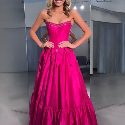Cute ball gown taffeta pink scoop neck long prom dresses with bow,pd230773 - Thumbnail 3