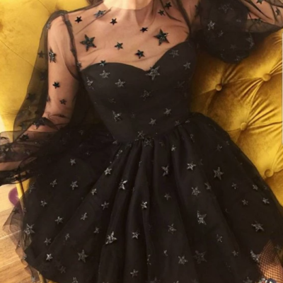 Sexy long sleeve sheer neck stars short prom dress,mini homecoming dress,1072
