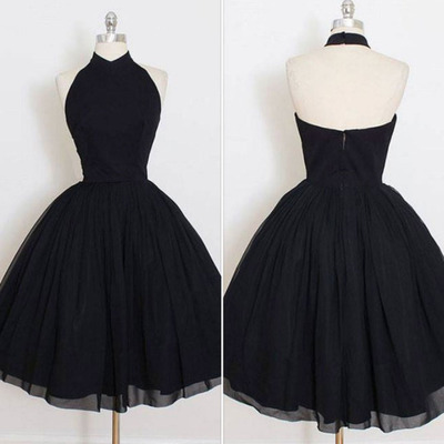 Halter neck black chiffon prom dresses,1073