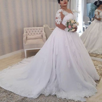 Plus size wedding dresses with lace appliques,1074