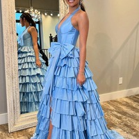 Cute V Neck A Line Blue Tiered Taffeta Long Prom Dress with Bow ,PD230776 - Thumbnail 1
