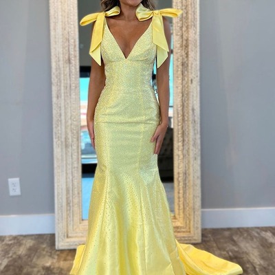 Chamring v neck daffodial satin long mermaid prom dresses with beading ,pd230777 - Thumbnail 1