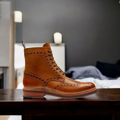 Handmade brown ankle high wing tip brogue men's fashion boot