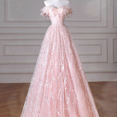 Pink tulle sequins long prom dress, beautiful a-line party dress