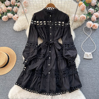 new stand up collar hollow single breasted dress lace up hollow lace skirt - Thumbnail 3