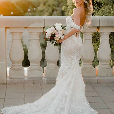 Off the shoulder wedding dress boho lace appliques bridal gowns