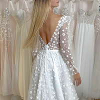 Luxury Illusion 3D Flowers Backless A-Line Wedding Dresses Deep V-Neck Long Sleeve Boho Country Customized Bridal Gowns - Thumbnail 1