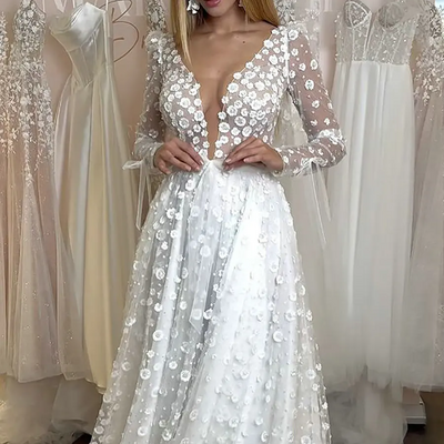 Luxury illusion 3d flowers backless a-line wedding dresses deep v-neck long sleeve boho country customized bridal gowns - Thumbnail 1