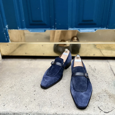 Handmade men's navy blue suede single monk strap formal wear shoes blue buckle shoes