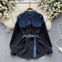Fashion Women Girls Demin contrast color splicing long sleeve shirt  - Thumbnail 2