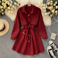 Autumn New Women's Dress POLO Collar Strap Waist Short A-line Skirt - Thumbnail 6