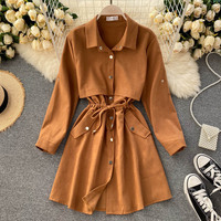 Autumn New Women's Dress POLO Collar Strap Waist Short A-line Skirt - Thumbnail 4