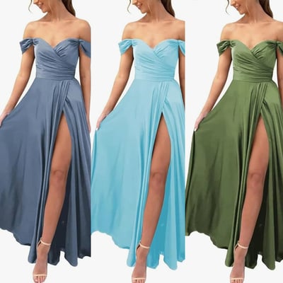 Gold bridesmaid dresses slit side off shoulder
