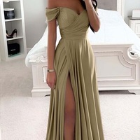 Gold Bridesmaid Dresses Slit Side Off Shoulder - Thumbnail 1
