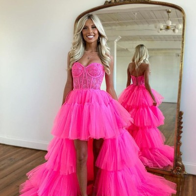 Cute sweetheart hot pink a line prom dresses with lace ,pd230786