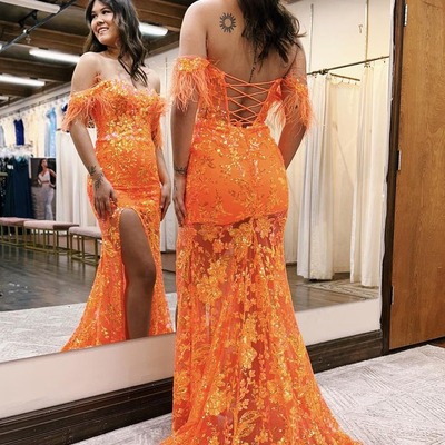 Sparkly sweetheart orange sequins lace long mermaid prom dresses with slit ,pd230787 - Thumbnail 2