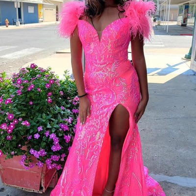 Sparkly off the shoulder pink sequins lace long mermaid prom dresses with feather,pd230788 - Thumbnail 3