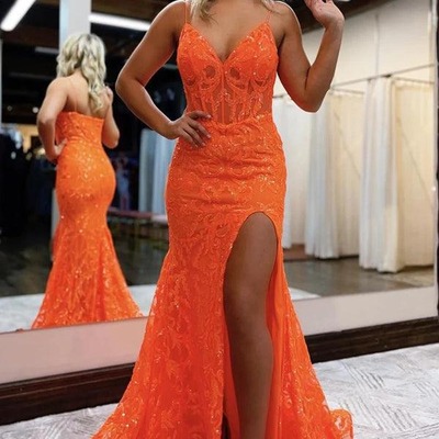 Gorgeous orange sequins lace long mermaid prom dresses with side slit ,pd230789 - Thumbnail 1
