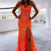 Gorgeous Orange Sequins Lace Long Mermaid Prom Dresses with Side Slit ,PD230789 - Thumbnail 1