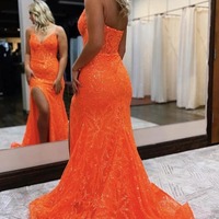 Gorgeous Orange Sequins Lace Long Mermaid Prom Dresses with Side Slit ,PD230789 - Thumbnail 2