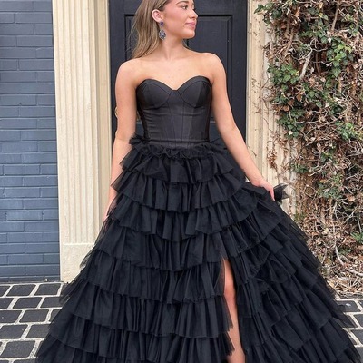 Cute black ball gown sweetheart tulle long prom dresses with slit  ,pd230790 - Thumbnail 3
