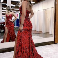 Charming V Neck Red Sequins Long Mermaid Prom Dresses with Slit,PD230791 - Thumbnail 1