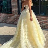 Cute Sweetheart Daffodil Tulle Tiered Long Prom Dresses Ball Gown with Appliques ,PD230793 - Thumbnail 1