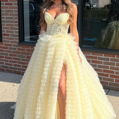 Cute sweetheart daffodil tulle tiered long prom dresses ball gown with appliques ,pd230793 - Thumbnail 2