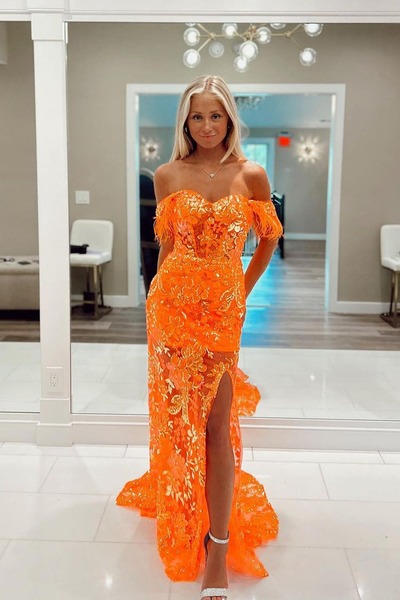 Cute Sweetheart Orange Lace Long Mermaid Prom Dresses,PD230796