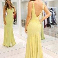 Charming V Neck Daffodil Elastic Satin Mermaid Prom Dress,PD230800 - Thumbnail 1