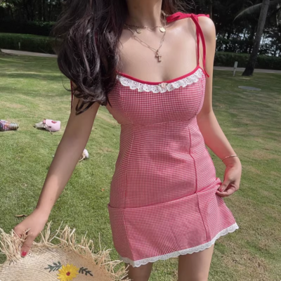 Pink Plaid Lace Strapless Dress