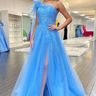 Cute one shoulder a line blue tulle prom dress with appliques,pd230801 - Thumbnail 1