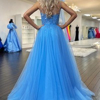 Cute One Shoulder A Line Blue Tulle Prom Dress with Appliques,PD230801 - Thumbnail 1