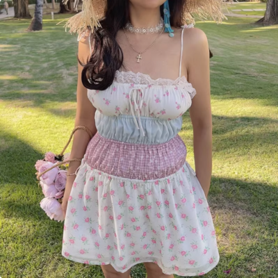 Contrast color stitching suspender skirt dress