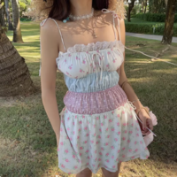 Contrast color stitching suspender skirt dress - Thumbnail 1