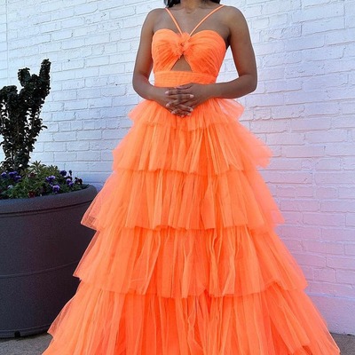 Cute orange ball gown sweetheart tulle tiered long prom dress ,pd230804 - Thumbnail 1