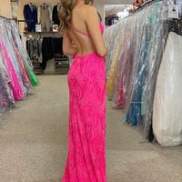 V Neck Fuchsia Sequins Appliques Long Mermaid Prom Dress ,PD230805 - Thumbnail 1