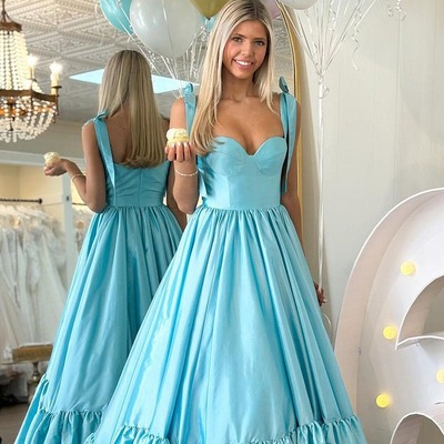 Sweetheart light blue satin ruffle a-line long prom dress ,pd230806 - Thumbnail 4
