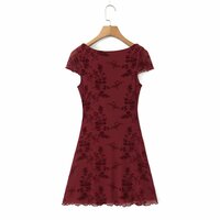 Flocked retro small flower square collar exposed clavicle bow knot earrings dress - Thumbnail 1