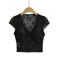 Romantic Butterfly Lace V-neck Short Sleeve T-shirt - Thumbnail 1