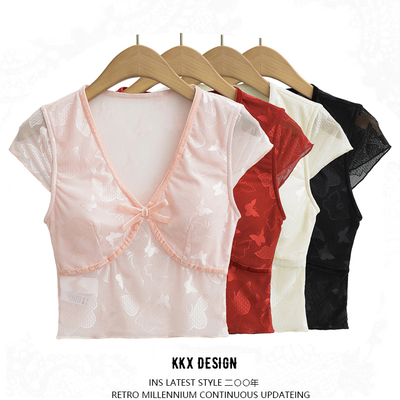 Romantic butterfly lace v-neck short sleeve t-shirt