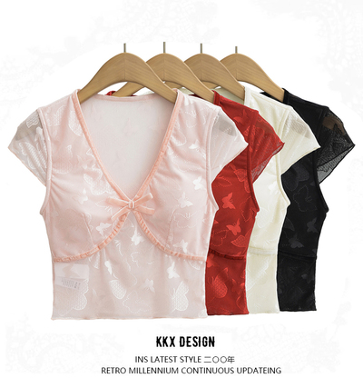 Romantic Butterfly Lace V-neck Short Sleeve T-shirt