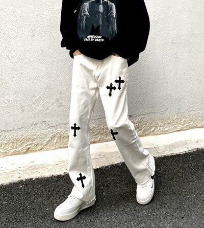 Vintage Hippie Gothic Cross Flared Jeans Streetwear Glamour Rave Men Women Amazing