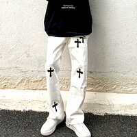 Vintage Hippie Gothic Cross Flared Jeans Streetwear Glamour Rave Men Women Amazing - Thumbnail 1