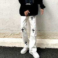Vintage Hippie Gothic Cross Flared Jeans Streetwear Glamour Rave Men Women Amazing - Thumbnail 3