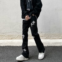 Vintage Hippie Gothic Cross Flared Jeans Streetwear Glamour Rave Men Women Amazing - Thumbnail 5