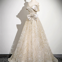 Champagne Tulle Sequins Long Prom Dress, Off the Shoulder Evening Party Dress - Thumbnail 1